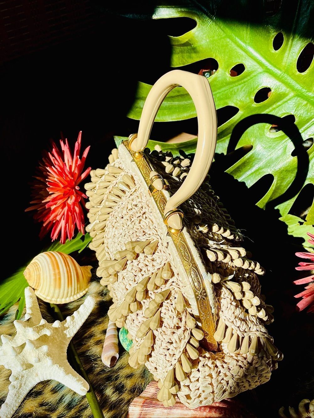 ♥️ Vintage 1960s Tan Straw Beaded Box Shaped Handbag Purse With Top Handle Italy - Picture 13 of 16